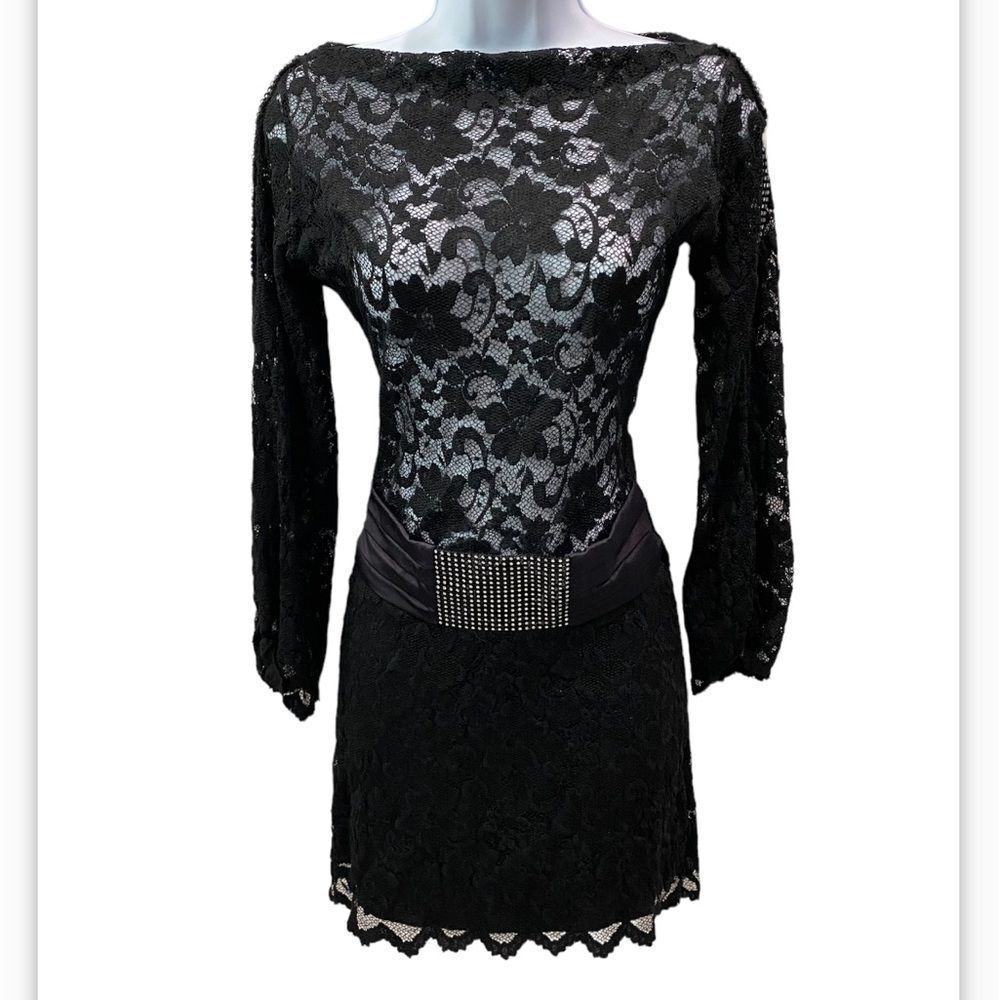 Sentimental NY By Sam Hourani Black Lace Dress With Rhinestone Tuxedo Belt Sz M - Picture 1 of 13